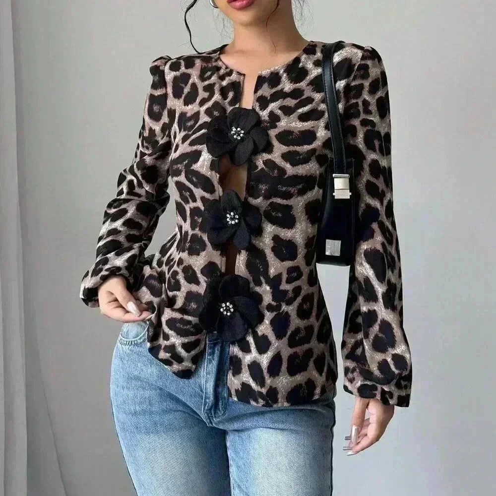 Black Casual Women's Elegant 3d Floral & Leopard Print Lantern Sleeve Blouse
